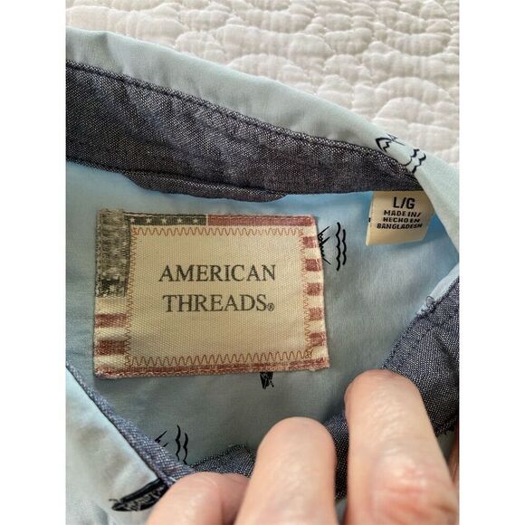 American Threads Men's L Blue Graphic Print Canoes Mountains Button-Up Shirt​ - Picture 2 of 12